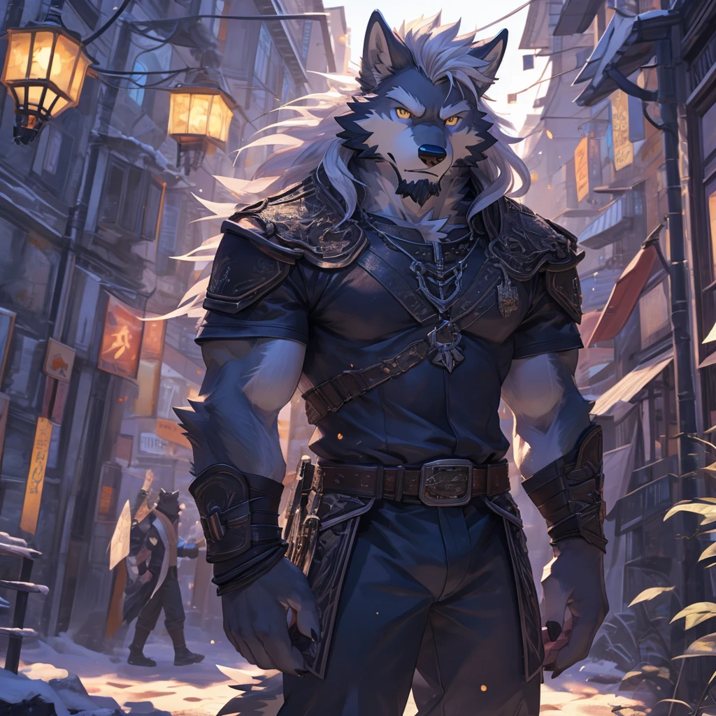 man,wolf face,black,Handsome,Feeling,hairy hand,hairy body,furry face,穿着black长风衣,Carrying a katana,Smile,looking into camera,Modern city background,robust