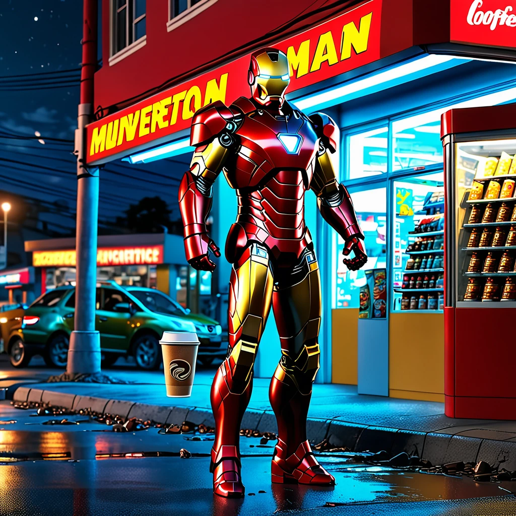 Iron Man landing outside a Convenience store at midnight, buying coffee. Big didital clock clearly visible, high-quality artwork, realistic style, vibrant colors, detailed metal armor, glowing arc reactor, intense lighting, cityscape background, heroic pose, dramatic shadows, iconic red and gold suit, steam coming from the coffee cup, dynamic motion, power lines in the composition, futuristic technology, mysterious atmosphere, sense of adventure, epic superhero.
