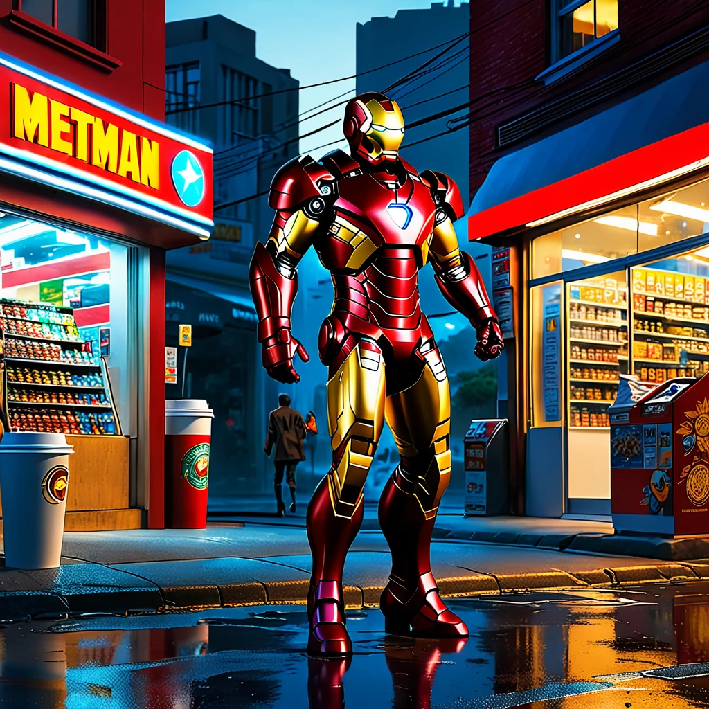 Iron Man landing outside a Convenience store at midnight, buying coffee. Big didital clock clearly visible, high-quality artwork, realistic style, vibrant colors, detailed metal armor, glowing arc reactor, intense lighting, cityscape background, heroic pose, dramatic shadows, iconic red and gold suit, steam coming from the coffee cup, dynamic motion, power lines in the composition, futuristic technology, mysterious atmosphere, sense of adventure, epic superhero.