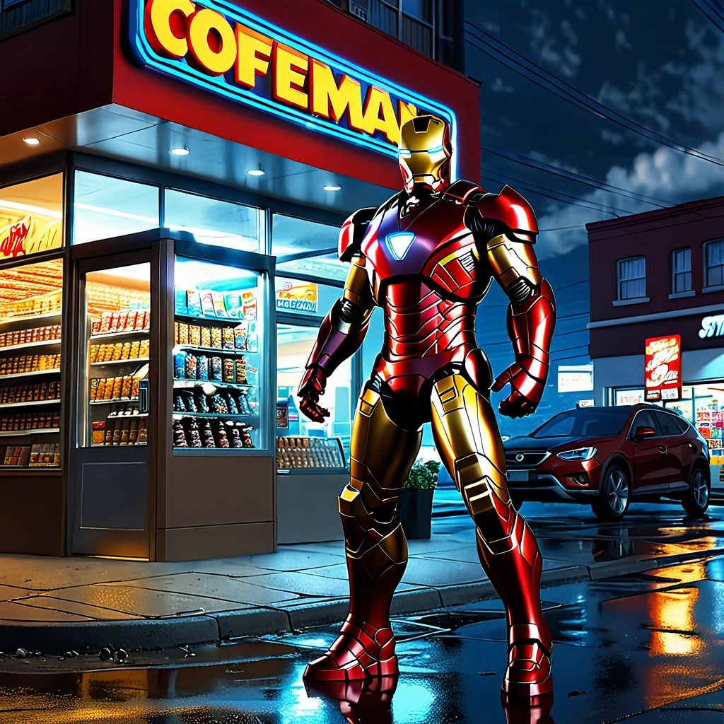 Iron Man landing outside a Convenience store at midnight, buying coffee. Big didital clock clearly visible, high-quality artwork, realistic style, vibrant colors, detailed metal armor, glowing arc reactor, intense lighting, cityscape background, heroic pose, dramatic shadows, iconic red and gold suit, steam coming from the coffee cup, dynamic motion, power lines in the composition, futuristic technology, mysterious atmosphere, sense of adventure, epic superhero.
