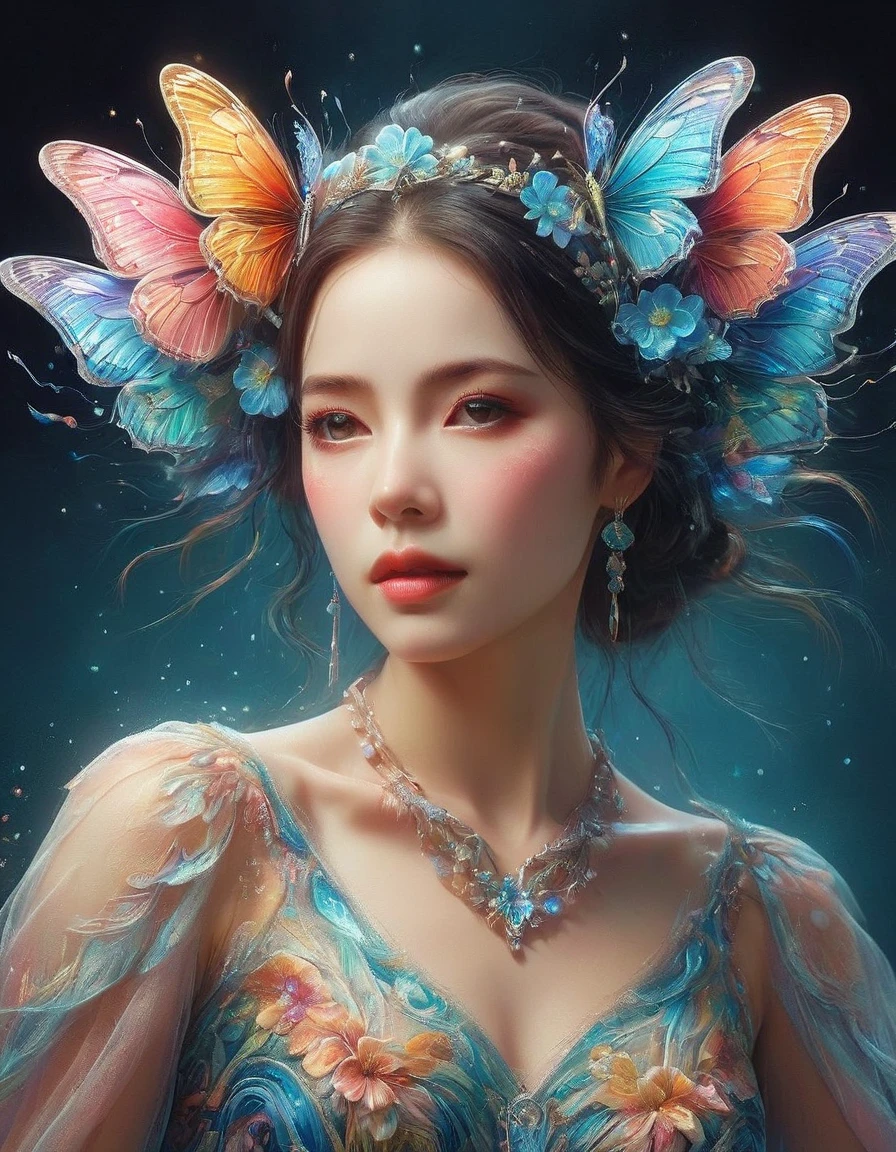 Create a surreal portrait of a woman with butterfly wings, Her presentation should be dreamlike and ethereal, with the vibrant, outlandish colors and improbable, distortion-filled artistry characteristic of Surrealism, a movement prevalent in the early 20th century, Think of the intricacy and strangeness often associated with visual illusions, Let her gown flow in an eerily graceful manner, This portrait should be captured as if viewed through a macro lens, accentuating each fine line and elaborate detail, Though it is a fantasy-inspired piece, the realism in the details should not be compromised., Eyes on the audience, first-person view, pov, cowboy shot, UHD, masterpiece, ccurate, anatomically correct, textured skin, super detail, award winning, best quality, 8k
