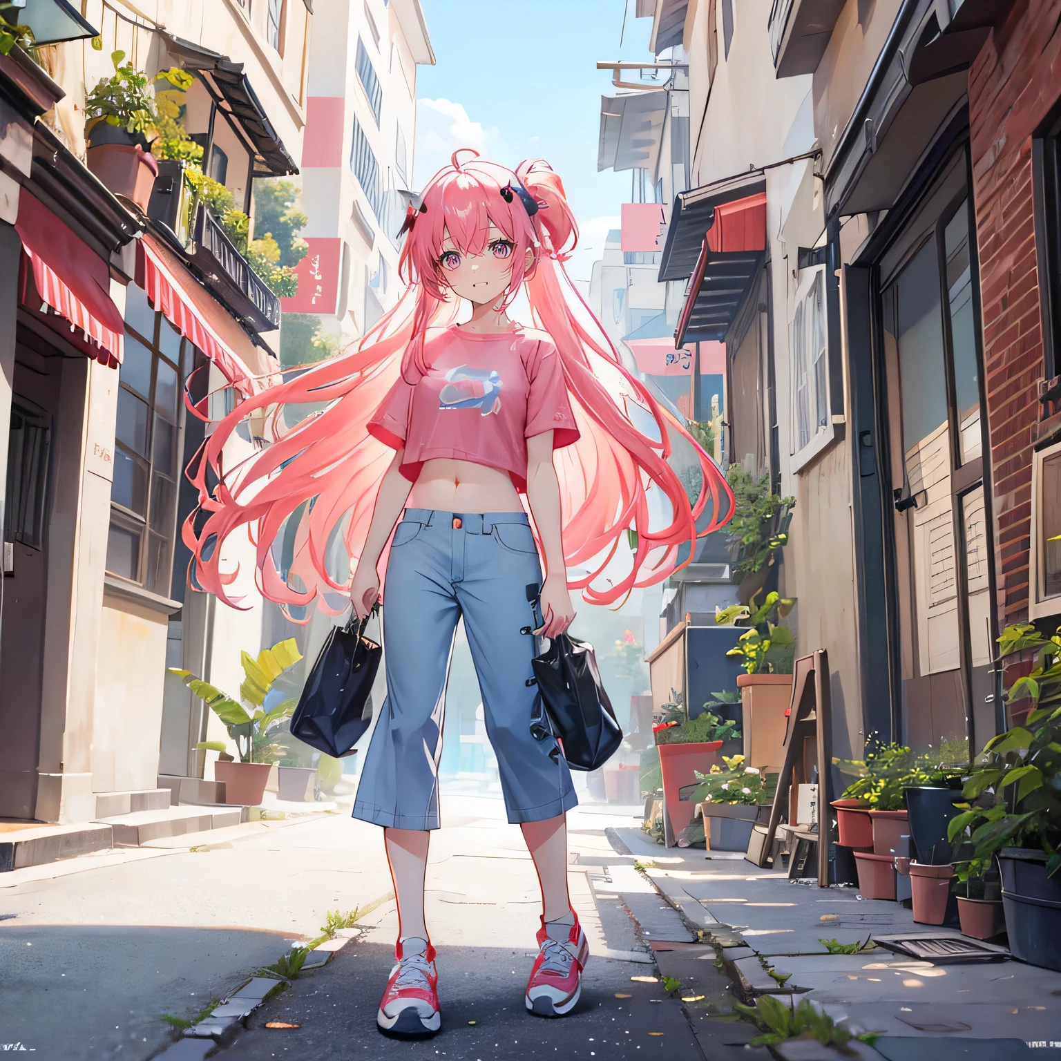 Coral pink hair,long hair,hair over one eye,gray eyes,feather hair ornament,cute,girl,laughing expression,short sleeves,Pants,Navel exposed,Wearing sneakers,whole body,stand on the ground,Does not expose fingers,Street with plants in the background,blue sky