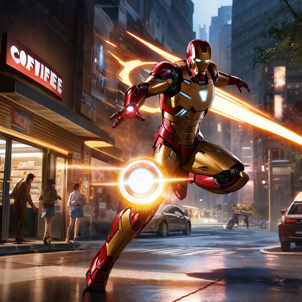 Iron Man landing outside a Convenience store at midnight, buying coffee. Big didital clock clearly visible, high-quality artwork, realistic style, vibrant colors, detailed metal armor, glowing arc reactor, intense lighting, cityscape background, heroic pose, dramatic shadows, iconic red and gold suit, steam coming from the coffee cup, dynamic motion, power lines in the composition, futuristic technology, mysterious atmosphere, sense of adventure, epic superhero.