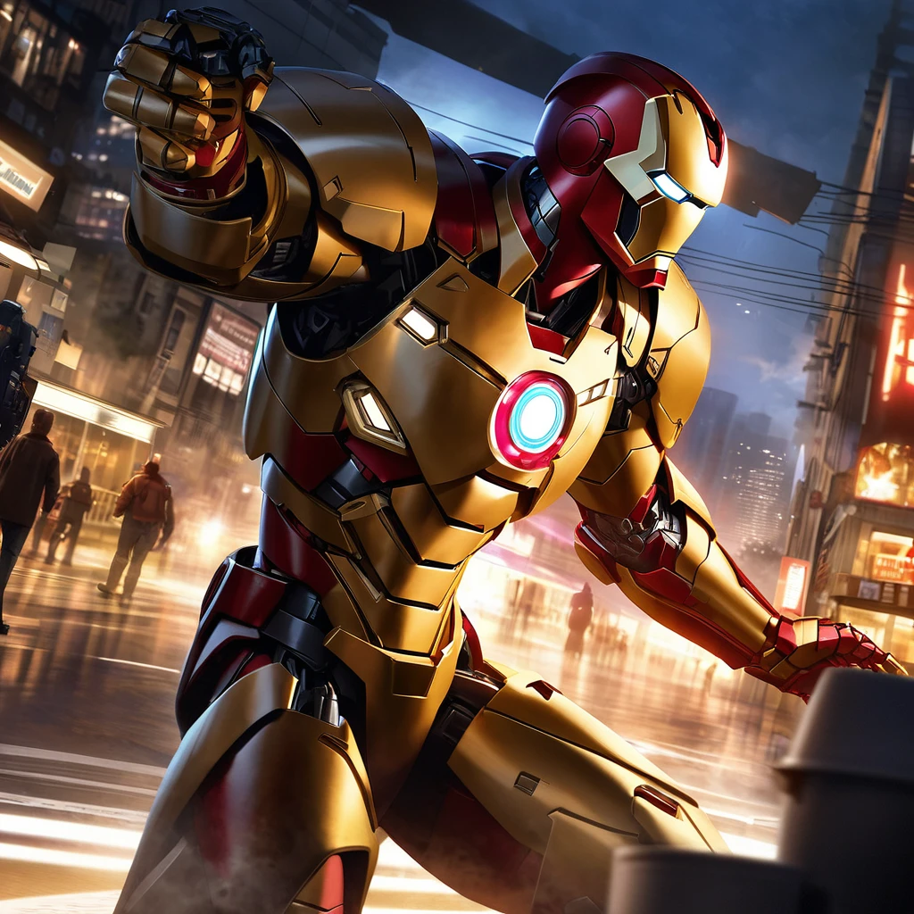 Iron Man landing outside a Convenience store at midnight, buying coffee. Big didital clock clearly visible, high-quality artwork, realistic style, vibrant colors, detailed metal armor, glowing arc reactor, intense lighting, cityscape background, heroic pose, dramatic shadows, iconic red and gold suit, steam coming from the coffee cup, dynamic motion, power lines in the composition, futuristic technology, mysterious atmosphere, sense of adventure, epic superhero.
