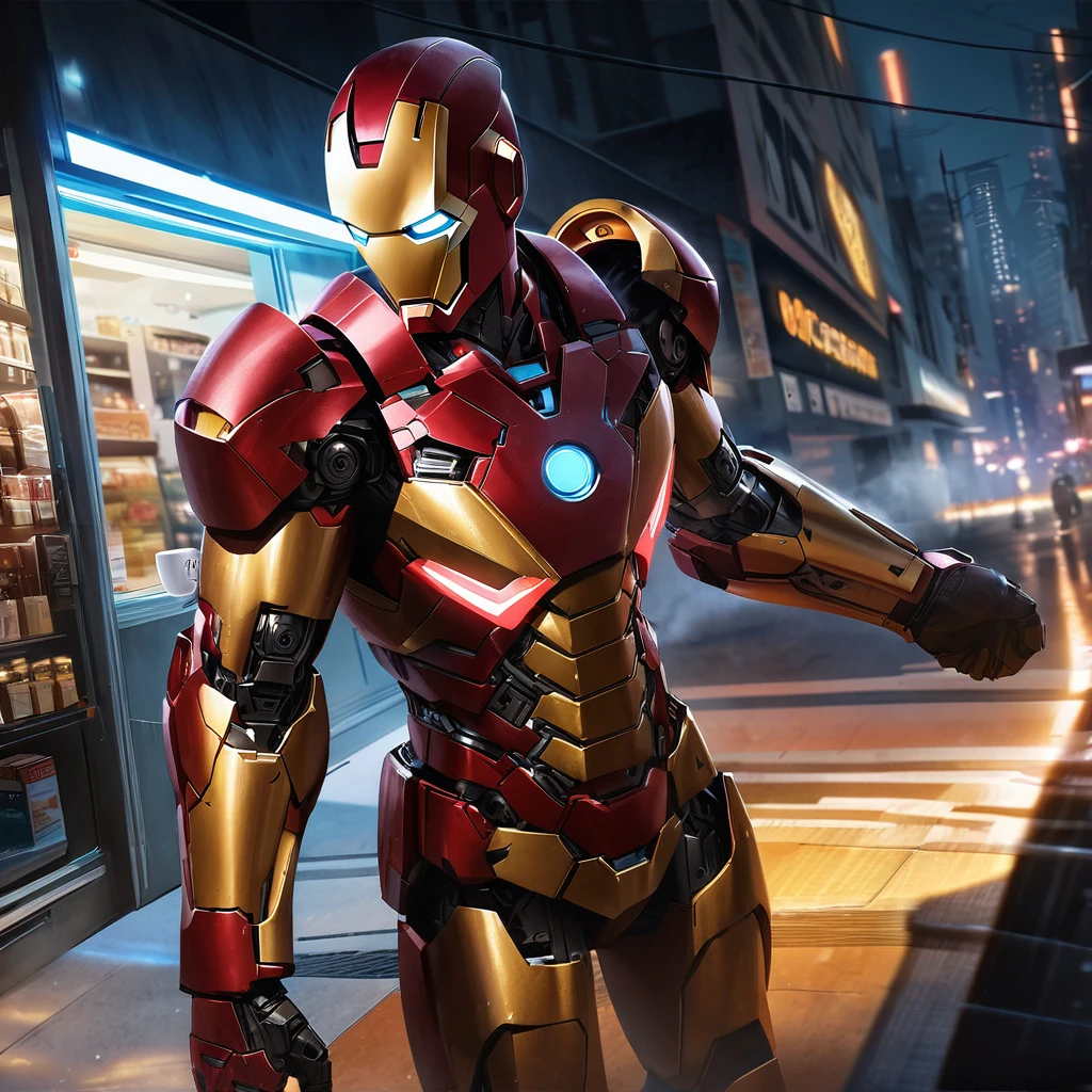 Iron Man landing outside a Convenience store at midnight, buying coffee. Big didital clock clearly visible, high-quality artwork, realistic style, vibrant colors, detailed metal armor, glowing arc reactor, intense lighting, cityscape background, heroic pose, dramatic shadows, iconic red and gold suit, steam coming from the coffee cup, dynamic motion, power lines in the composition, futuristic technology, mysterious atmosphere, sense of adventure, epic superhero.