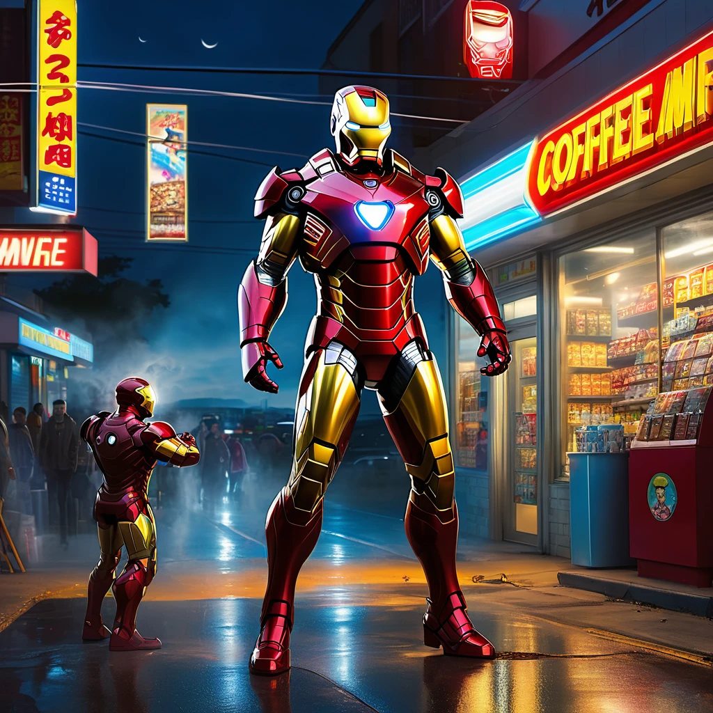 Iron Man landing outside a Convenience store at midnight, buying coffee. Big didital clock clearly visible, high-quality artwork, realistic style, vibrant colors, detailed metal armor, glowing arc reactor, intense lighting, cityscape background, heroic pose, dramatic shadows, iconic red and gold suit, steam coming from the coffee cup, dynamic motion, power lines in the composition, futuristic technology, mysterious atmosphere, sense of adventure, epic superhero.