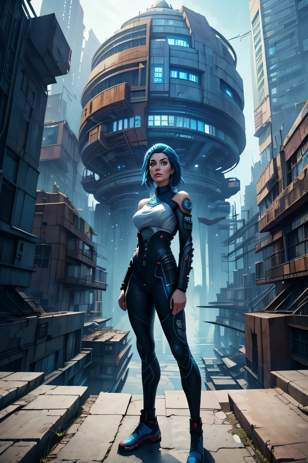 ((best quality)), ((masterpiece)), (detailed), perfect face, full body shot, dynamis angle, a digital painting of a blue-haired woman, 25 year old woman, athletic build, startling blue eyes, beautiful face, standing on a high ledge, watching a dystopian city below, being slowly reclaimed by nature, cyberpunk art
