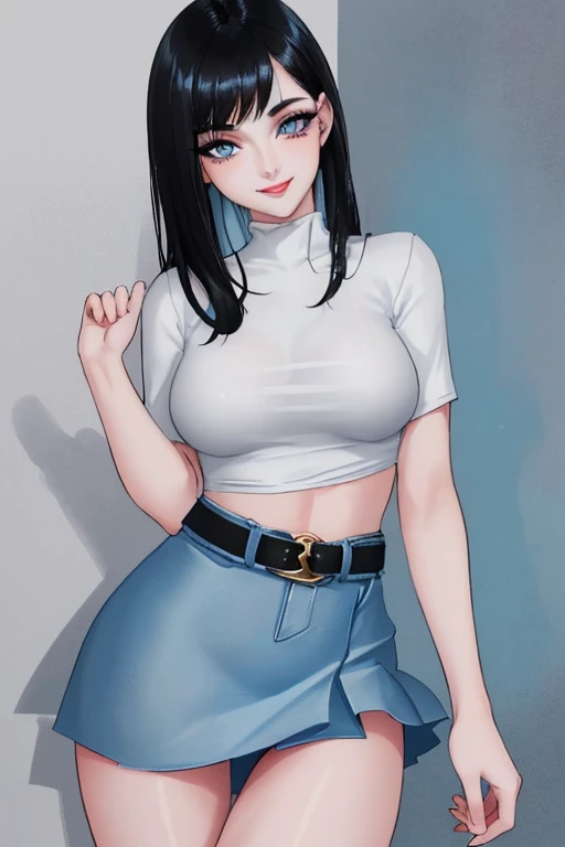 Girl with black hair, light blue eyes, sexy body, miniskirt, white top, 20 years old, peach lips, black eyeliner, smiling, beautiful body, revealing and provocative