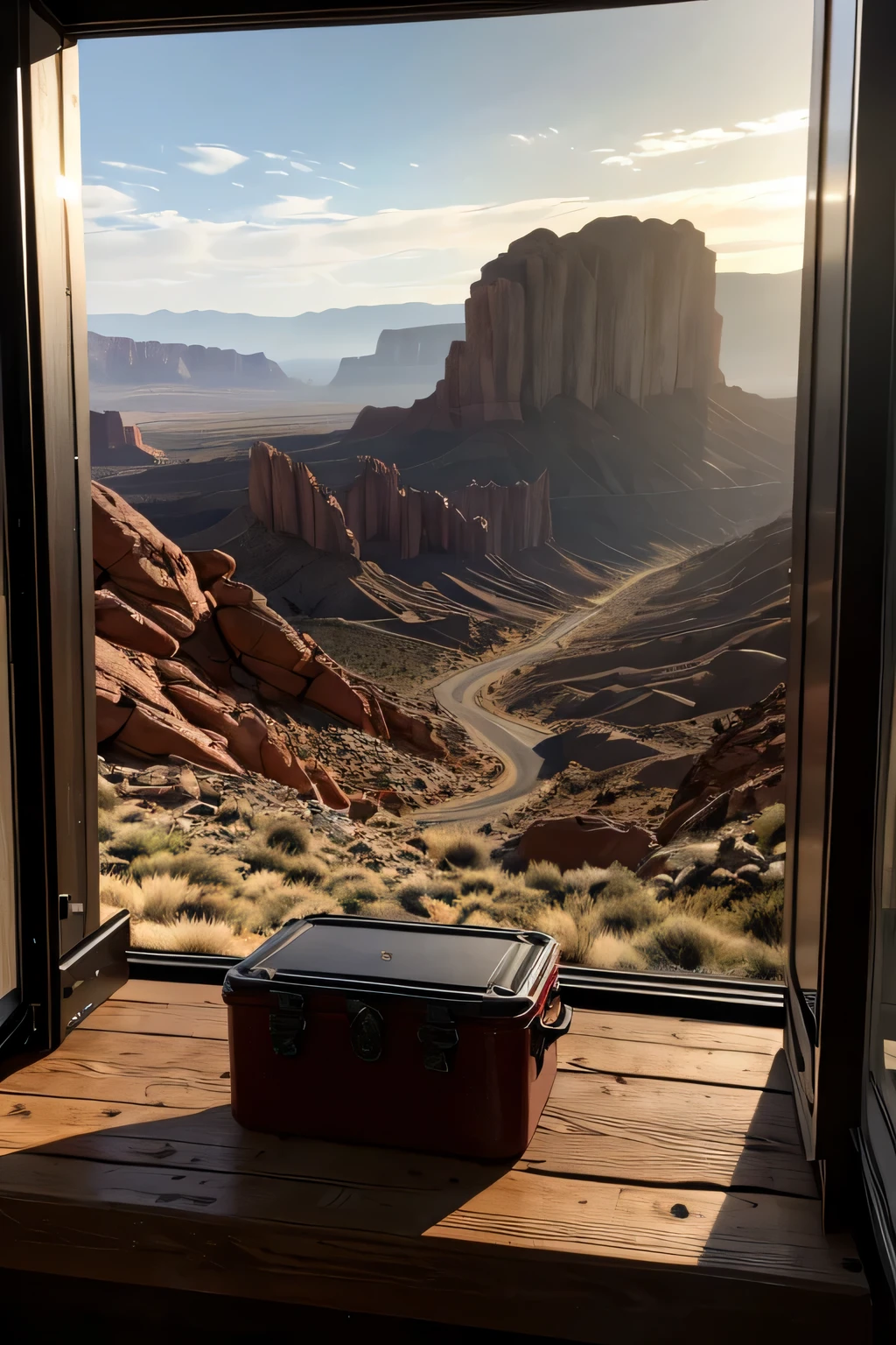 (8K),(masterpiece),absurd, expensive, Super detailed, (1 girl:1.3),, break, subdued lighting, dark atmosphere, dark shadow, subtle highlights, mysterious aura, break, panoramic photo, wide angle perspective, breathtaking scenery, Nice views, vast scene, visual depth, breathtaking outlook, (apocalyptic wasteland), (red rock canyon), View from the wooden hut, ((Warehouse window view)), Inside the box in front containing ammunition and tank shells.