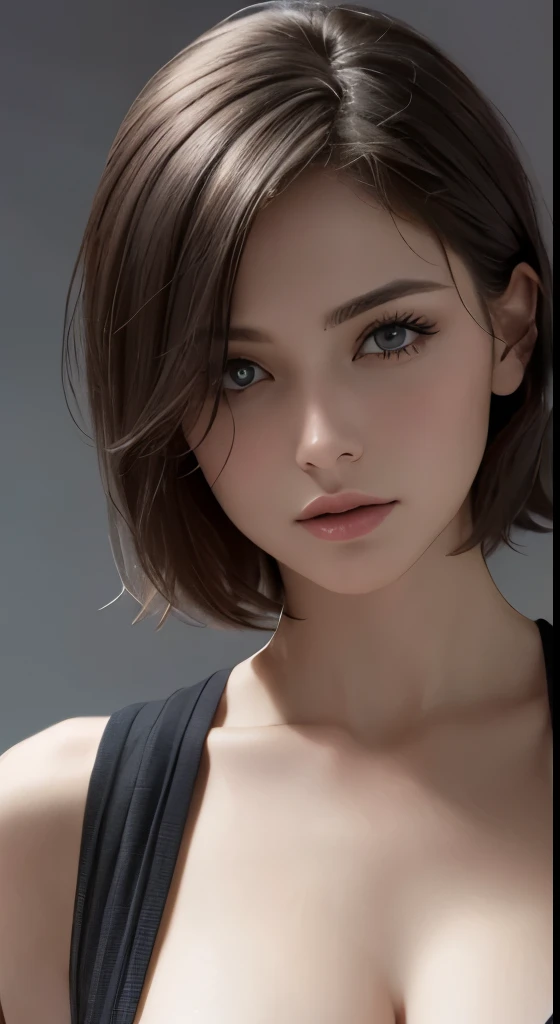 8k uhd、RAWphotograph、モデルphotograph撮影、 (masterpiece, highest quality, photorealistic, High resolution, photograph: 1.3), Close-up, Focusing, hot models, slim, 30 year old mature woman、small face、short cut hair、dark brown hair、Detailed beautiful eyes、realな肌, (perfect body), Sexy hot face, erotic, sexual gaze, slim, Sweat top, Detailed beautiful eyes、glossy lips、small breasts、、bust B cup、((bright light、dynamic lighting、real、超real、 realism、realistic details、Cool Beauty、cool pose、sexy costume、background gray、Plain gray background