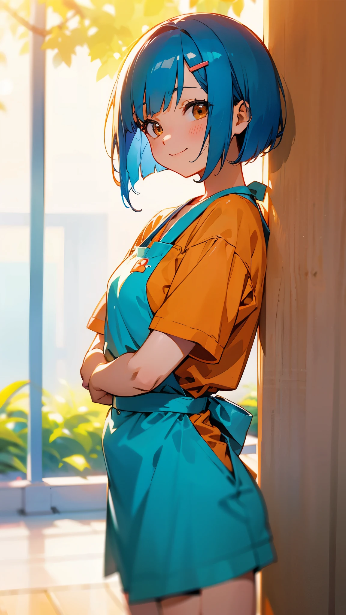 1 girl、anime picture、cute woman、shrimp、apron、Glossy light blue hair、short bob hairstyle、Tie your hair with an orange hair clip、Beautiful brown eyes、smile、From the side、Simple T-shirt、shorts、sharp outline、Morning café terrace、background bokeh、written boundary depth