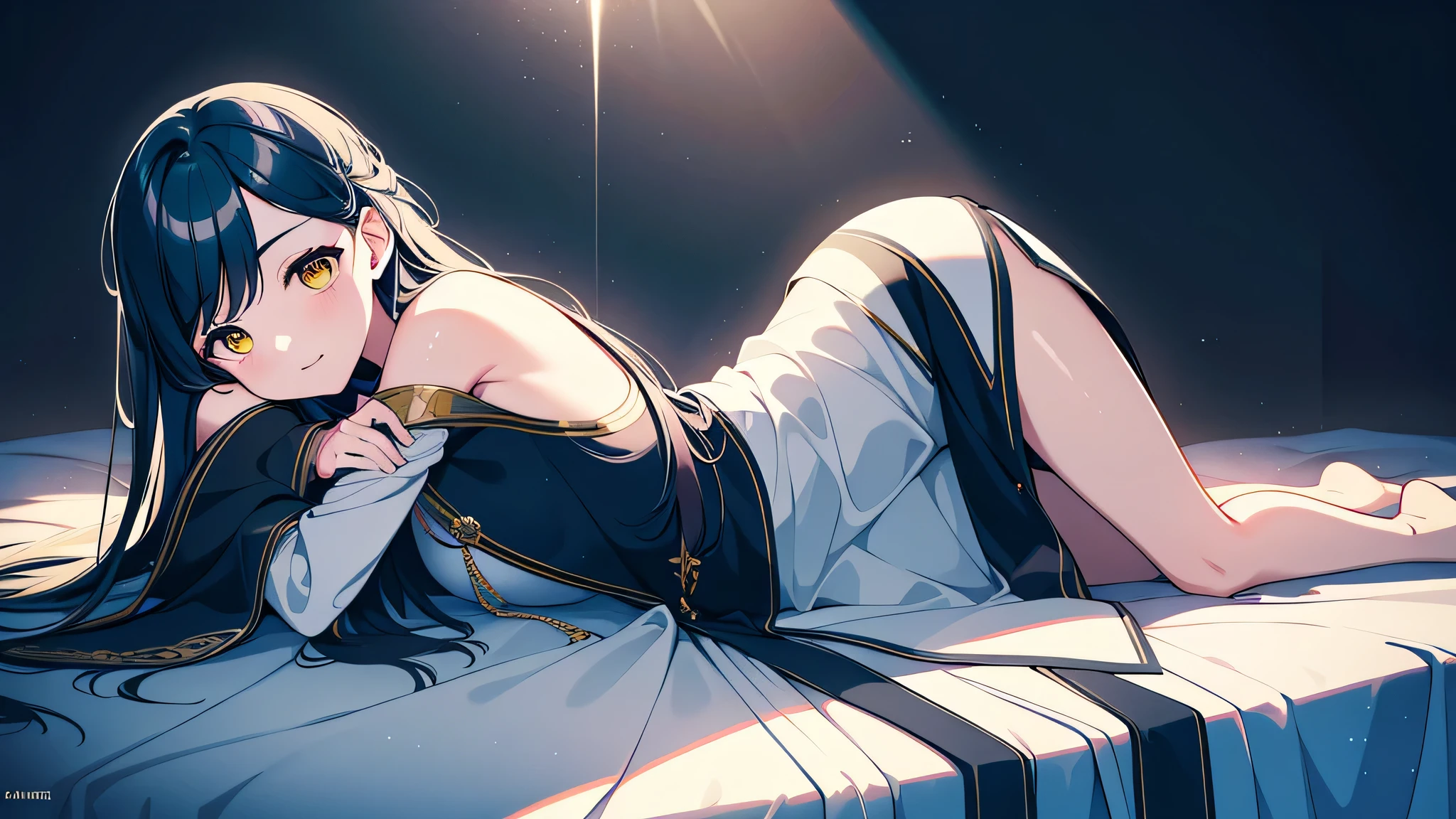 an alone mature girl with long blue and yellow eyes sitting on the bed and spread leg , night, High detail mature face, tie hair on the left side, golden eyes, bare leg, bare shoulder, white noble priest dress, high res, ultra sharp, 8k, masterpiece, smiling, fantasy world, magical radiance background ((Best quality)), ((masterpiece)), 3D, HDR (High Dynamic Range),Ray Tracing, NVIDIA RTX, Super-Resolution, Unreal 5,Subsurface scattering, PBR Texturing, Post-processing, Anisotropic Filtering, Depth-of-field, Maximum clarity and sharpness, Multi-layered textures, Albedo and Specular maps, Surface shading, Accurate simulation of light-material interaction, Perfect proportions, Octane Render, Two-tone lighting, Wide aperture, Low ISO, White balance, Rule of thirds,8K RAW, Aura, masterpiece, best quality, Mysterious expression, magical effects like sparkles or energy, flowing robes or enchanting attire, mechanic creatures or mystical background, rim lighting, side lighting, cinematic light, ultra high res, 8k uhd, film grain, best shadow, delicate, RAW, light particles, detailed skin texture, detailed cloth texture, beautiful face, 
(masterpiece), best quality, expressive eyes, perfect face,