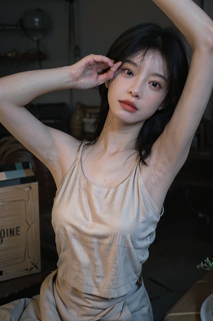 8K,Best quality, masterpiece, ultra high res, (photorealistic:1.4), raw photo, (Authentic skin texture:1.3), (film grain:1.3), (selfie angle),1girl,beautiful detailed eyes and face,masterpiece, best quality,close-up,upper bod, naked portrait, nude photography, perfect armpit, shiny nipple 