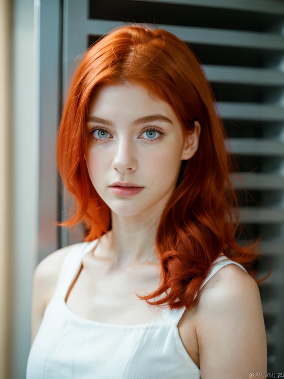 ( masterpiece, top quality, best quality,8k, girl,ultra detailed,raw photo:1.5),(photorealistic:1.4), (red hair:1.5), (cinematic lighting), PerfectNwsjMajic, , Surrealism, UHD, ccurate, Super detail, textured skin, High detail, Best quality, dynamic angle, (high nose,White skin),[Beautiful blue eyes],(1girl),(good anatomy:0.5)),(outside, heating:1.5),white dress