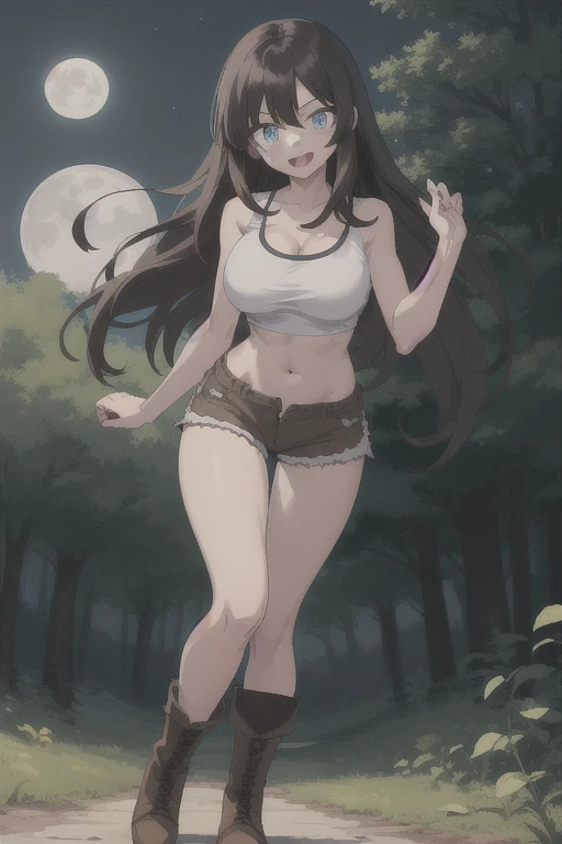 (masterpiece), 1girl, solo, best quality, expressive eyes, perfect face, retro artstyle, (pale skin), very long hair, (forehead), messy hair, black hair, large breasts, slim body, young woman BREAK white tank top BREAK black shorts BREAK closed mouth, light smile, lineart, greyscale, monochrome, (white skin), looking at viewer, yellow eyes, grass, outdoors, landscape 