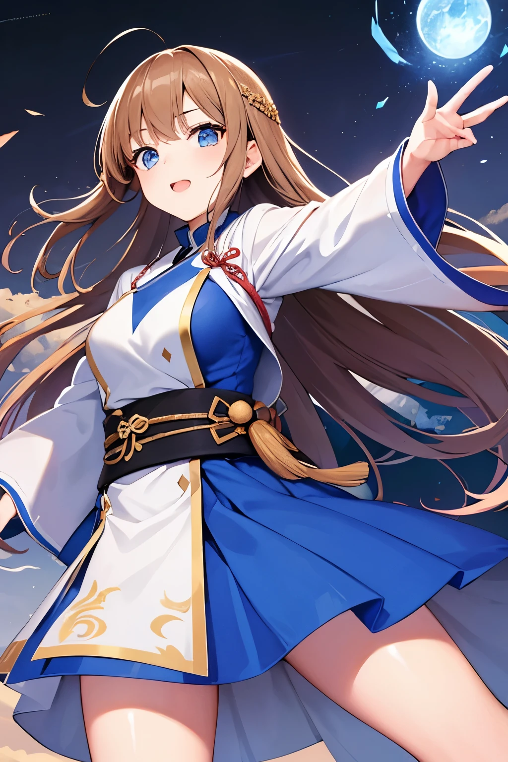 Girl with the brown long hair, brilliant blue eyes, japanese clothes and with the ice Power