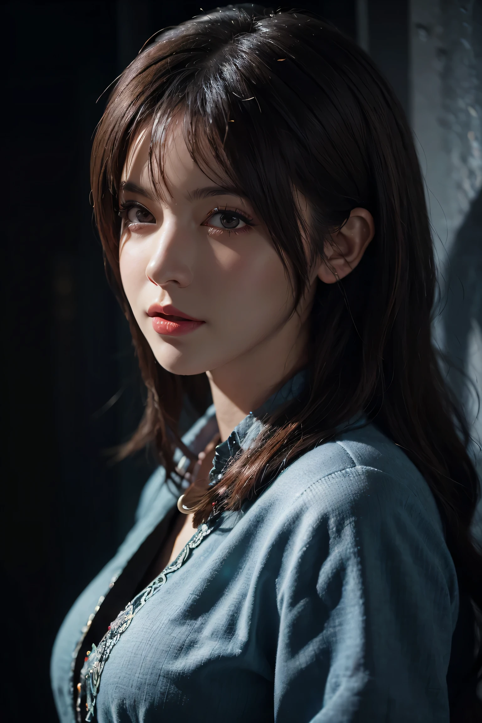 Hyperrealist portrait of female by david hockney and alphonse mucha,fantasy art, photo realistic, dynamic lighting, artstation, poster, volumetric lighting, very detailed faces, 4 k, award winning,, 1girl, in the dark, deep shadow, low key,cowboy shot,(official clothing:1.4) ,long hair,white hair,