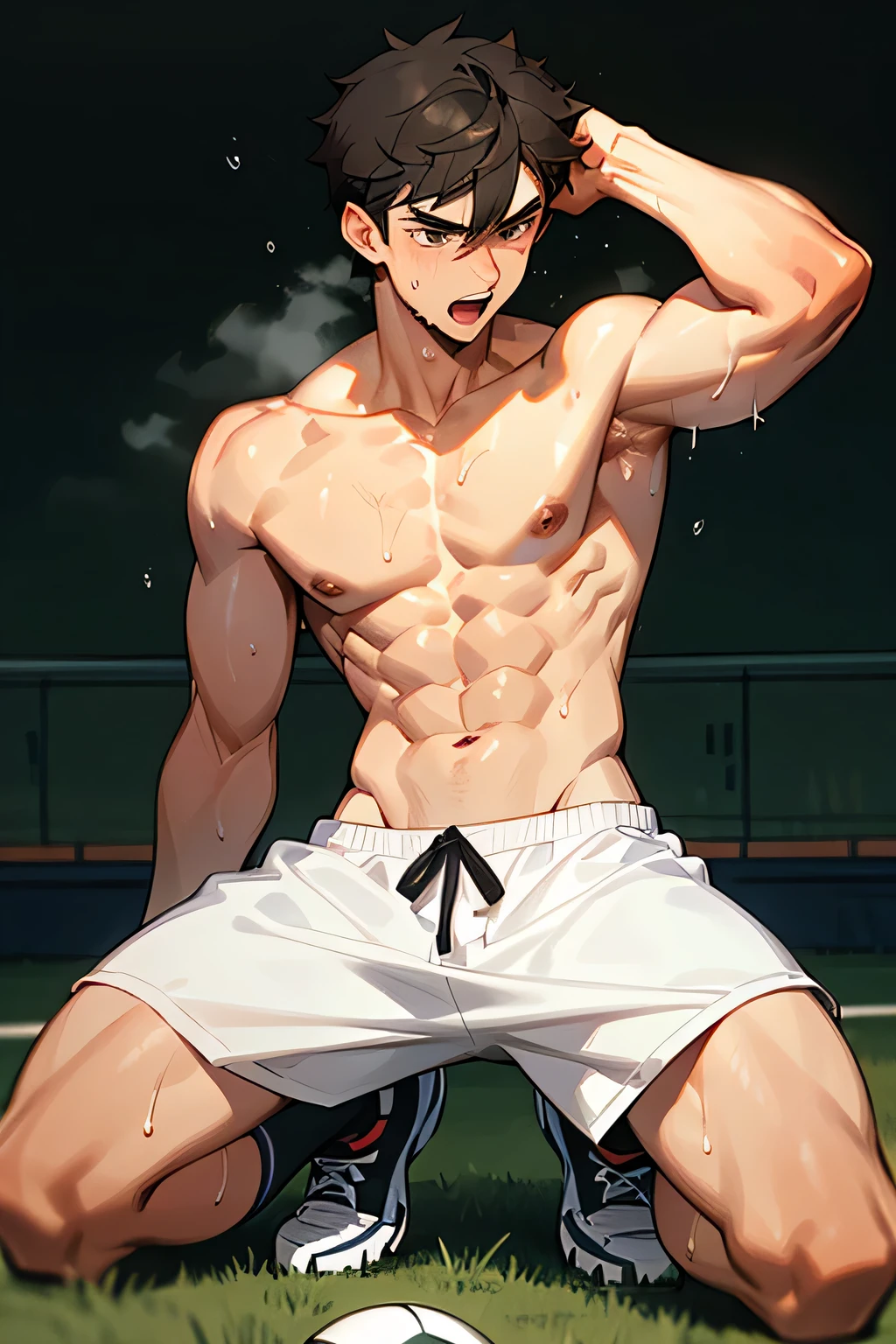 shirtless, super muscular, sweat-drenched body, 22-year old short black hair handsome caucasian male wearing sweat-drenched white soccer shorts and shoes, panting, hands on the head showing underarms, in the soccer field