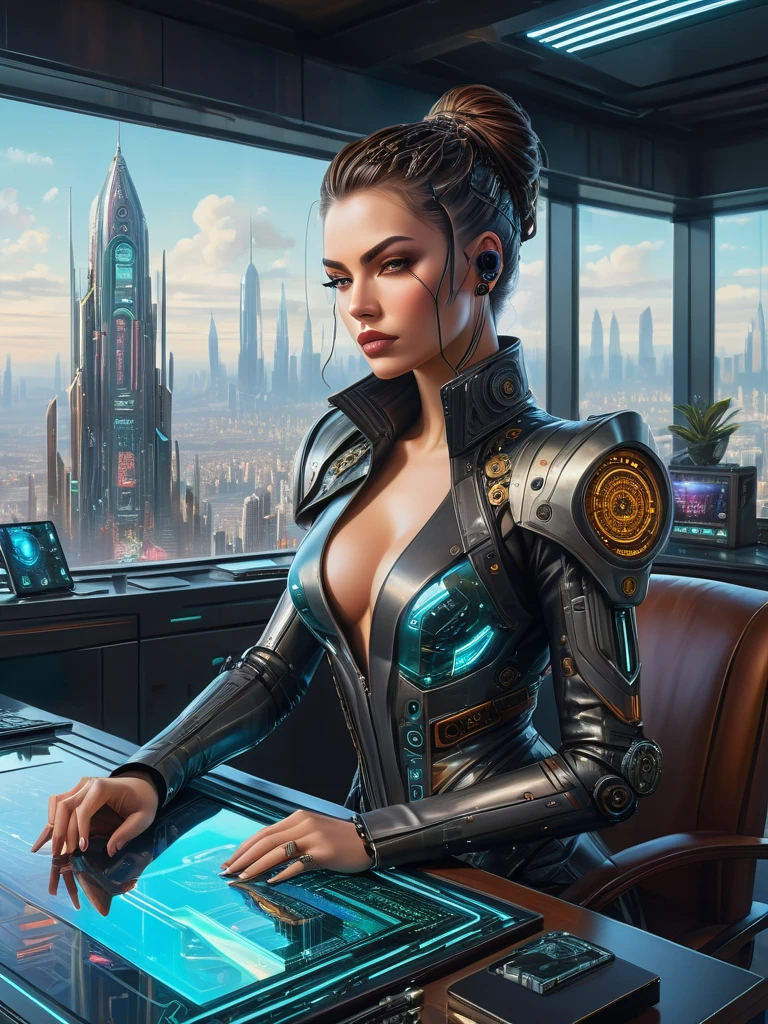 Masterpiece photorealistic oil on canvas painting of an ambitious, greedy, lean and mean business woman with a detailed face, stylish neo-medieval-Cyberpunk fashion outfit, at her cyberpunk lavish office, big clear transparent windows, neon, insanely detailed and intricate city view from the windows with futuristic gadgets on her desk, an AI assistant hovering nearby with subtle circuit patterns on its surface and a holographic interface around it