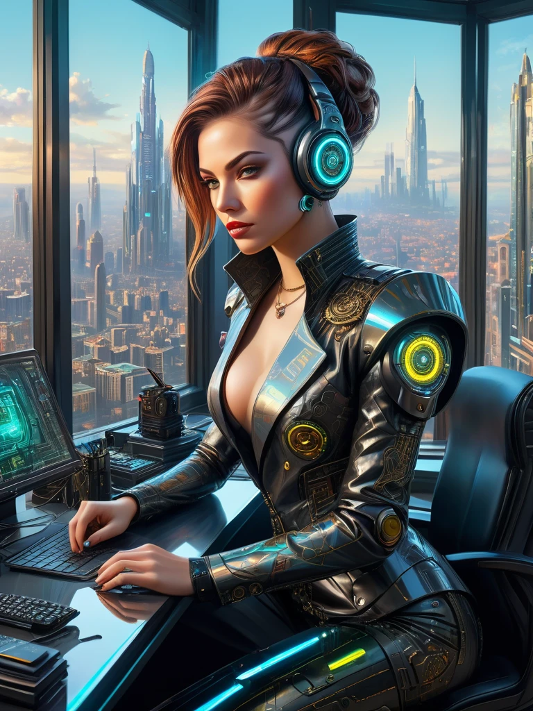 Masterpiece photorealistic oil on canvas painting of an ambitious, greedy, lean and mean business woman with a detailed face, stylish neo-medieval-Cyberpunk fashion outfit, at her cyberpunk lavish office, big clear transparent windows, neon, insanely detailed and intricate city view from the windows with futuristic gadgets on her desk, an AI assistant hovering nearby with subtle circuit patterns on its surface and a holographic interface around it, Don Lawrence Style