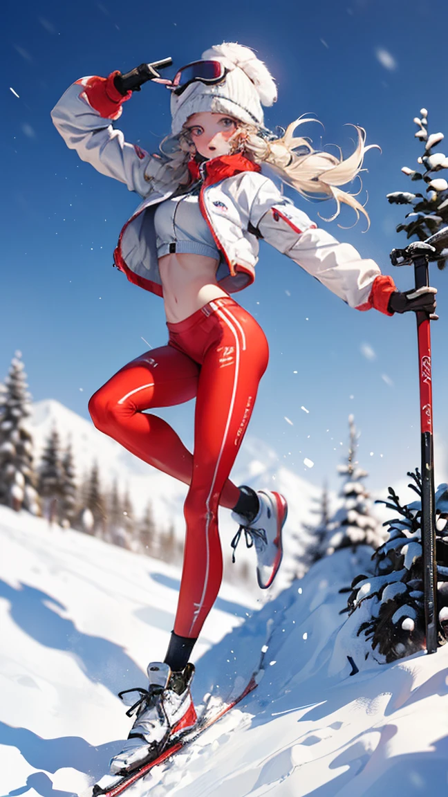 dynamic poses, full body image, super wide angle, A girl wearing fluorescent red clothes skiing in the snow, Meticulous attention to clothing and fashion, action, Gym_, exposed abdomen, (Slim:1.1), (long legs:1.3), (Slim legs:1.2), Background is snow, 3D rendering, Overclocked renderer, 8K