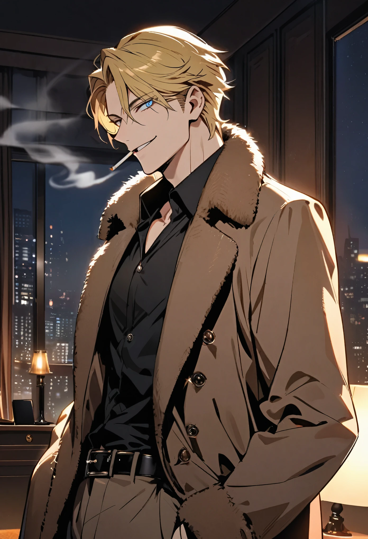 Handsome, solo, 1 male, blonde hair, light blue eyes, black shirt, brown fur coat, smoking, night, mafia, room, smile facial