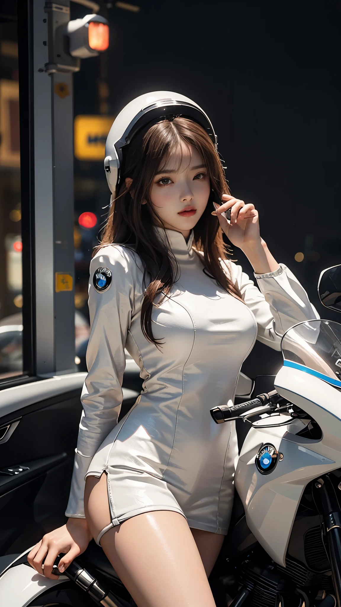 The highest image quality，Excellent detail，ultra high resolution，（Realism：1.4），The best illustrations，Favor detail，Cinematic lighting，Highly concentrated 1girl，exquisite and beautiful face，huge exy wearing white powder mech，Wearing a pilot's mech helmet，Hold the direction controller，(BMW 750cc motorcycle)，riding a motorcycle，the background is a high-tech lighting scene of the city of the future。Detailed eyes，detailed nose，Detailed lips，Slender thighs，(Ultra realistic leather plastic texture)