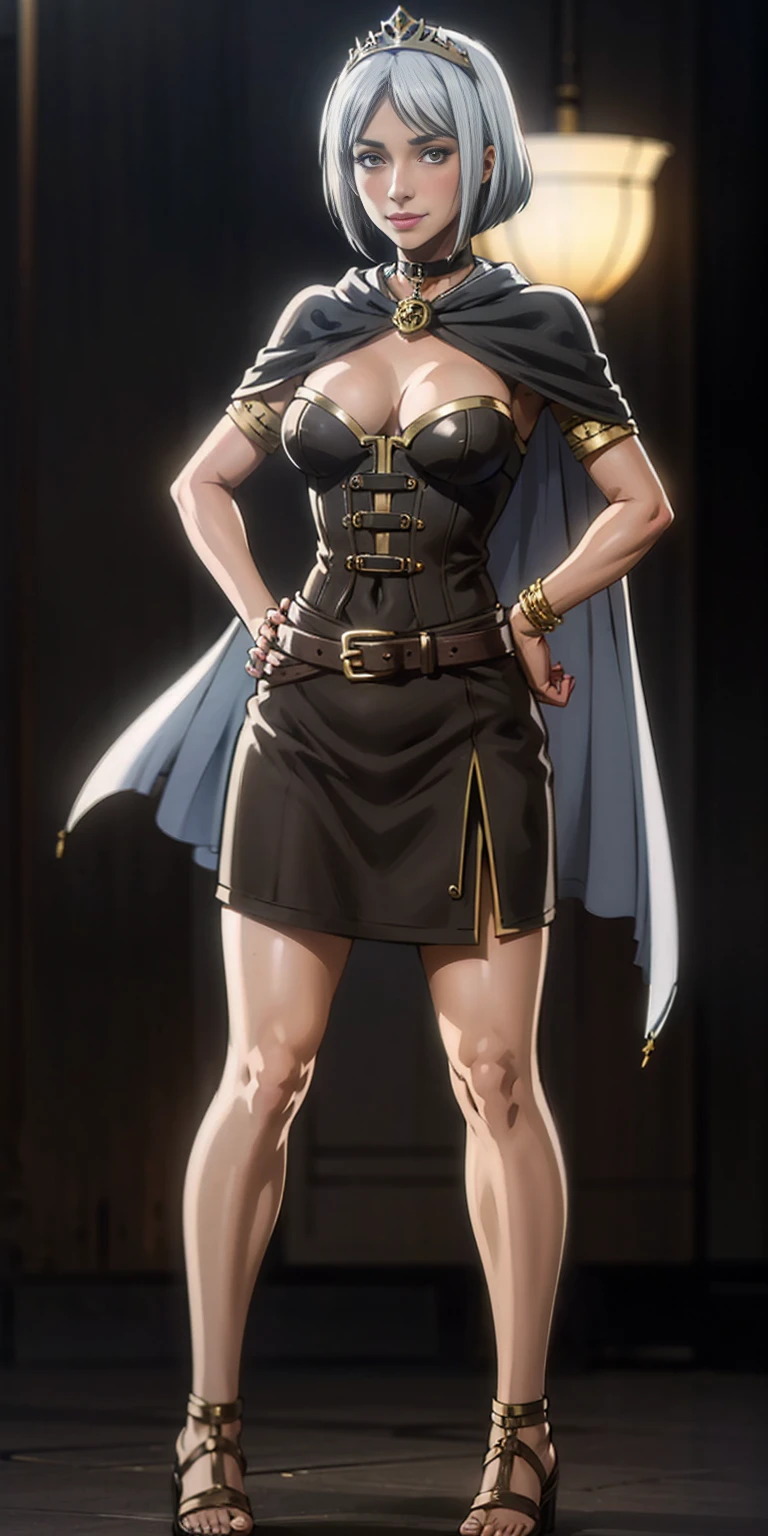 ((BLACK BACKGROUND,1:2, masterpiece)), full body MILF BIMBO standing with two long thighs and two high heels, red eyes, silver white hair, short bob style hair, big breasts, cleavage, separate sleeves, tiara royal, long cape up to two feet, yellow bikini, hands on waist, navel, lustful smirking smiling, smile face (red blushed, red cheeks), metal shoulders, gold sleeveless armbands, black leather choker slave collar, shackle bracelets, sex slave red crest, full body MILF BIMBO standing with two long thighs and two metal sandals, red eyes, silver white hair, short bob style hair, big breasts, cleavage, separate sleeves, tiara royal, long cape up to two feet, yellow bikini, hands on waist, navel, lustful smirking smiling, smile face (red blushed, red cheeks), metal shoulders, gold sleeveless armbands, black leather choker slave collar, shackle bracelets, sex slave red crest, pauldrons, breastplate, corset, eye focus, full body, whole body. 1solo . slave fighter, loincloth standing, hands on hips, metal sandals, backpack, choker, big belt, view from below, feet together, bracers, tiara)