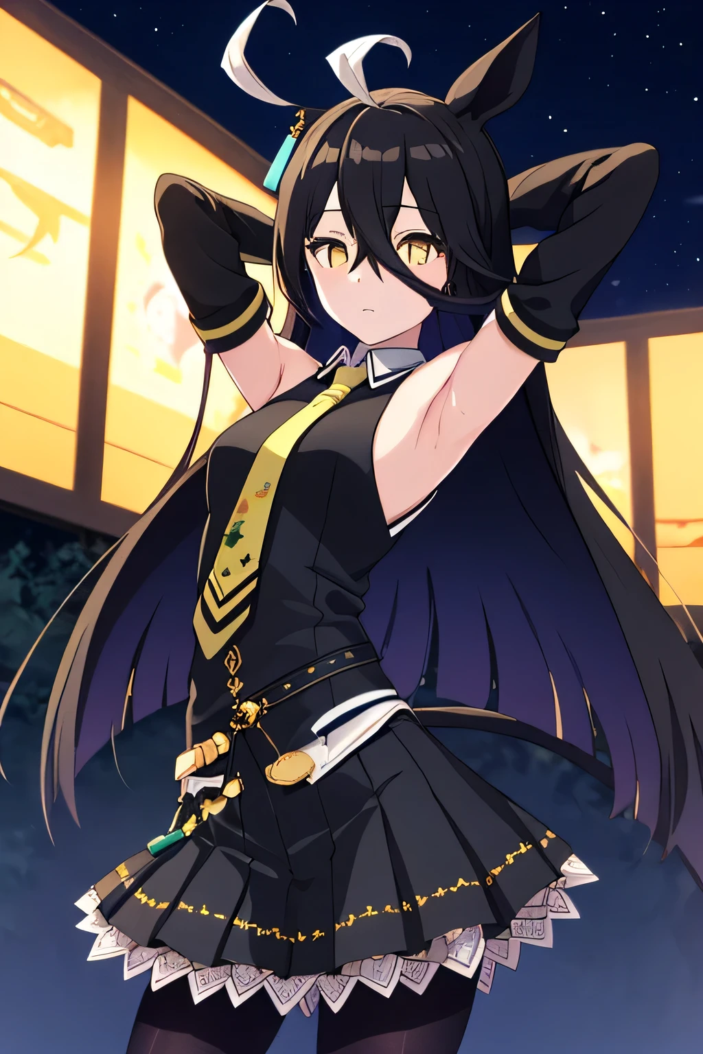 (masterpiece, best quality:1.2), solo, 1girl, manhattancafe, expressionless, looking at viewer, ahoge, black jacket, shirt, necktie, black gloves, skirt, pantyhose, single earring, tail, solo, night sky, forest, arms behind head, contrapposto, spread armpits, closed mouth, cowboy shot,