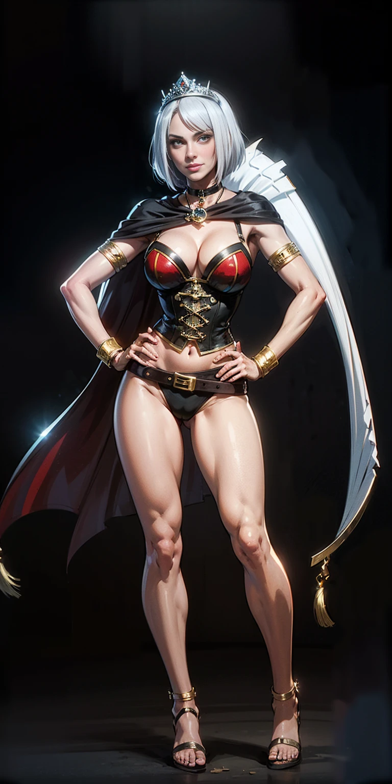 ((BLACK BACKGROUND,1:2, masterpiece)), full body MILF BIMBO standing with two long thighs and two high heels, red eyes, silver white hair, short bob style hair, , cleavage, separate sleeves, tiara royal, long cape up to two feet, yellow , hands on waist, navel,  smirking smiling, smile face (red blushed, red cheeks), metal shoulders, gold sleeveless armbands, black leather choker slave collar, shackle bracelets,  slave red crest, full body MILF BIMBO standing with two long thighs and two metal sandals, red eyes, silver white hair, short bob style hair, , cleavage, separate sleeves, tiara royal, long cape up to two feet, yellow , hands on waist, navel,  smirking smiling, smile face (red blushed, red cheeks), metal shoulders, gold sleeveless armbands, black leather choker slave collar, shackle bracelets,  slave red crest, pauldrons, breastplate, corset, eye focus, full body, whole body. 1solo . slave fighter, loincloth standing, hands on , metal sandals, backpack, choker, big belt, view from below, feet together, bracers, tiara)