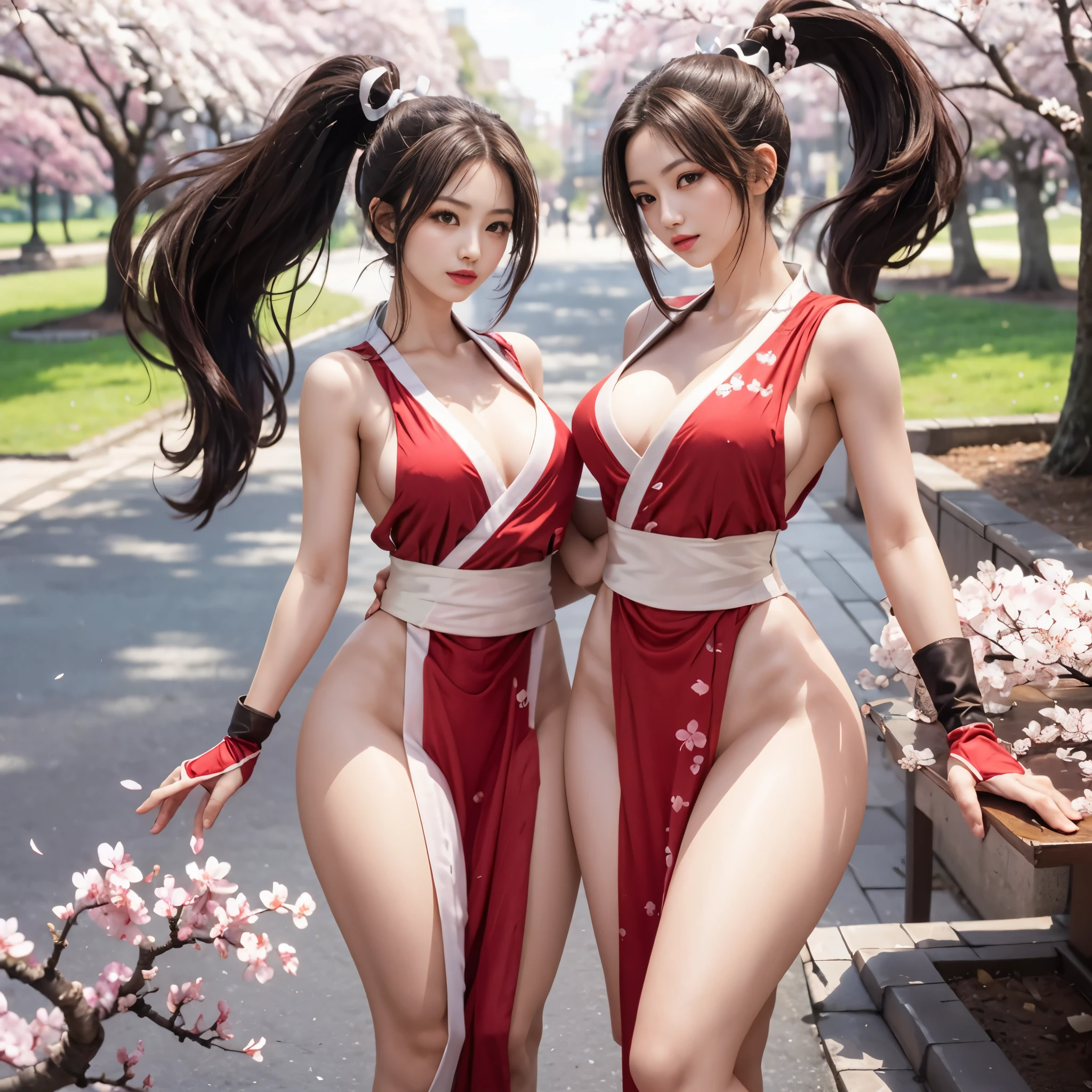 shiranui mai,brown eyes, long hair, brown hair, white ribbon, sleeveless, ponytail, sash, pelvic curtain, arm guards, gloves, tabi,Under the cherry blossom tree
