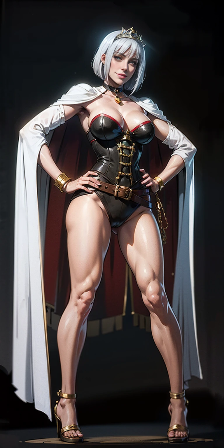 ((BLACK BACKGROUND,1:2, masterpiece)), full body  BIMBO standing with two long thighs and two high heels, red eyes, silver white hair, short bob style hair, , , separate sleeves, tiara royal, long cape up to two feet, yellow bikini, hands on waist, navel,  smirking smiling, smile face (red blushed, red cheeks), metal shoulders, gold sleeveless armbands, black leather choker slave collar, shackle bracelets,  slave red crest, full body  BIMBO standing with two long thighs and two metal sandals, red eyes, silver white hair, short bob style hair, , , separate sleeves, tiara royal, long cape up to two feet, yellow bikini, hands on waist, navel,  smirking smiling, smile face (red blushed, red cheeks), metal shoulders, gold sleeveless armbands, black leather choker slave collar, shackle bracelets,  slave red crest, pauldrons, breastplate, corset, eye focus, full body, whole body. 1solo . slave fighter, loincloth standing, hands on , metal sandals, backpack, choker, big belt, view from below, feet together, bracers, tiara)
