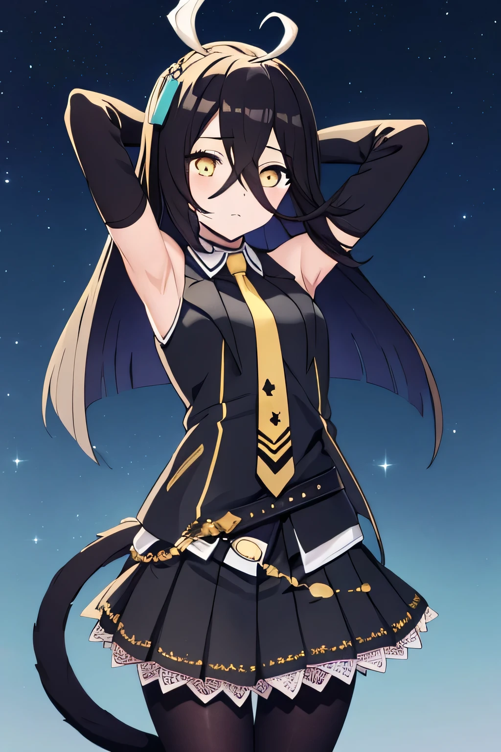 (masterpiece, best quality:1.2), solo, 1girl, manhattancafe, expressionless, looking at viewer, ahoge, black jacket, shirt, necktie, black gloves, skirt, pantyhose, single earring, tail, solo, night sky, forest, arms behind head, contrapposto, spread armpits, closed mouth, cowboy shot,