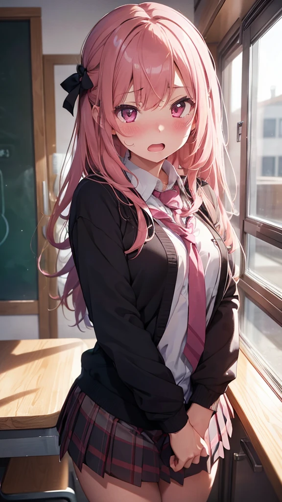 mastute piece,Best Quality,insanely detailed,8k cg,
shoot upper body,
1girl,standing,body in front,(school uniform),
blush,shy,(trembling:1.2),pink hair,break,open mouth,classroom,