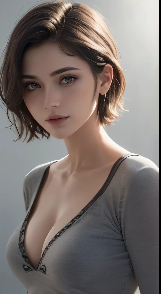 8k uhd、RAWphotograph、モデルphotograph撮影、 (masterpiece, highest quality, photorealistic, High resolution, photograph: 1.3), Close-up, Focusing, hot models, slim, 30 year old mature woman、small face、short cut hair、dark brown hair、Detailed beautiful eyes、realな肌, (perfect body), Sexy hot face, erotic, sexual gaze, slim, Sweat top, Detailed beautiful eyes、glossy lips、small breasts、、bust B cup、((bright light、dynamic lighting、real、超real、 realism、realistic details、Cool Beauty、cool pose、sexy costume、background gray、Plain gray background