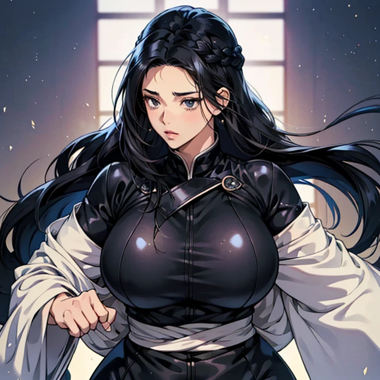 (anime moe style)),((game CG)),(masterpiece),(highest quality), (Super detailed),shape,((very delicate and beautiful)), ,sharp look,looking at the viewer,(((24 year old female)),((whole body)),detailed face and eyes,Intense eyes like jewels,(loosely braided long hair),,,(super huge breasts,long and slightly saggy breasts,) plump body black hair, black eyes Black rubber suit bleach