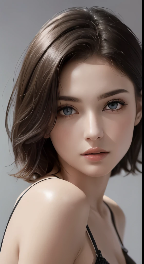 8k uhd、RAWphotograph、モデルphotograph撮影、 (masterpiece, highest quality, photorealistic, High resolution, photograph: 1.3), Close-up, Focusing, hot models, slim, 30 year old mature woman、small face、short cut hair、dark brown hair、Detailed beautiful eyes、realな肌, (perfect body), Sexy hot face, erotic, sexual gaze, slim, Sweat top, Detailed beautiful eyes、glossy lips、small breasts、、bust B cup、((bright light、dynamic lighting、real、超real、 realism、realistic details、Cool Beauty、cool pose、sexy costume、background gray、Plain gray background