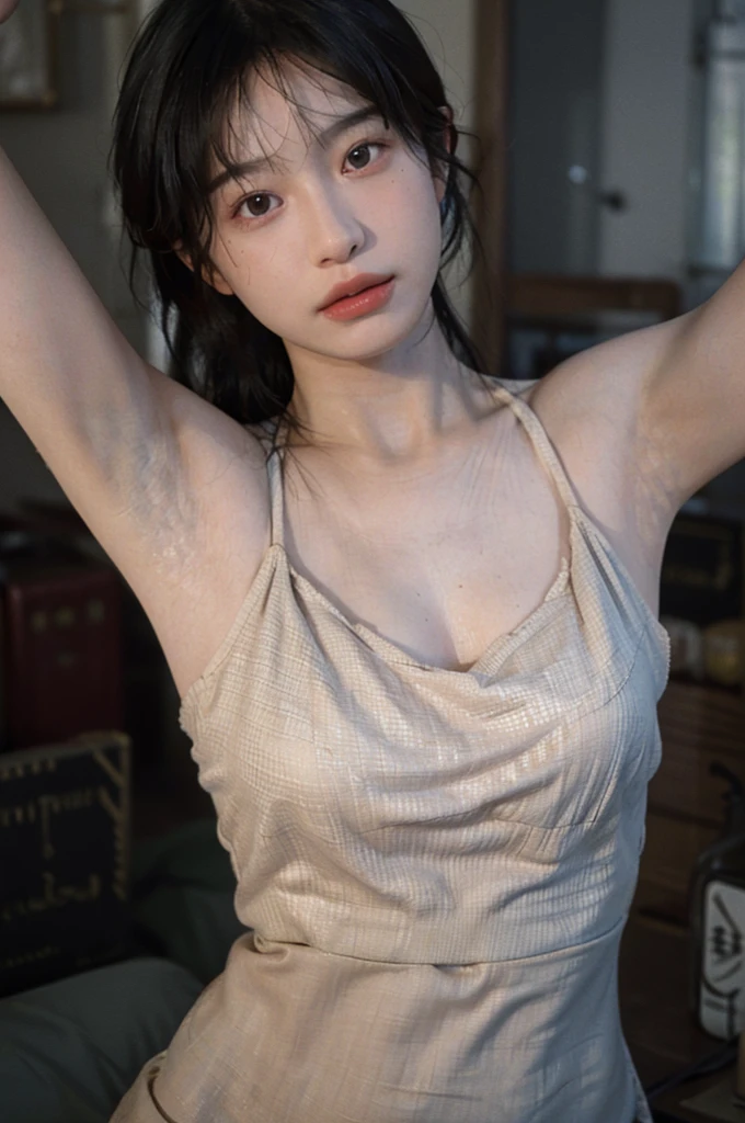 8K,Best quality, masterpiece, ultra high res, (photorealistic:1.4), raw photo, (Authentic skin texture:1.3), (film grain:1.3), (selfie angle),1girl,beautiful detailed eyes and face,masterpiece, best quality,close-up,upper bod, naked portrait, nude photography, perfect armpit, shiny nipple