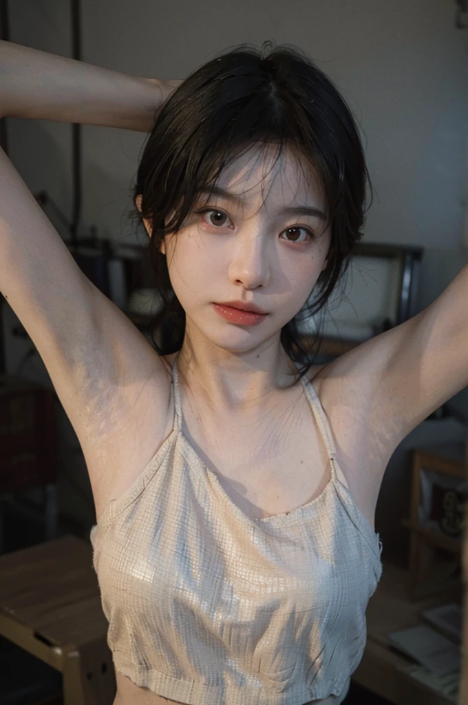 8K,Best quality, masterpiece, ultra high res, (photorealistic:1.4), raw photo, (Authentic skin texture:1.3), (film grain:1.3), (selfie angle),1girl,beautiful detailed eyes and face,masterpiece, best quality,close-up,upper bod, naked portrait, nude photography, perfect armpit, shiny nipple