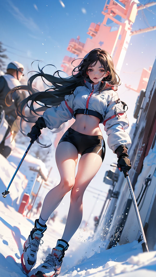 dynamic poses, full body image, super wide angle, A girl wearing fluorescent red clothes skiing in the snow, Meticulous attention to clothing and fashion, action, Gym_, exposed abdomen, (Slim:1.1), (long legs:1.3), (Slim legs:1.2), Background is snow, 3D rendering, Overclocked renderer, 8K， big breast