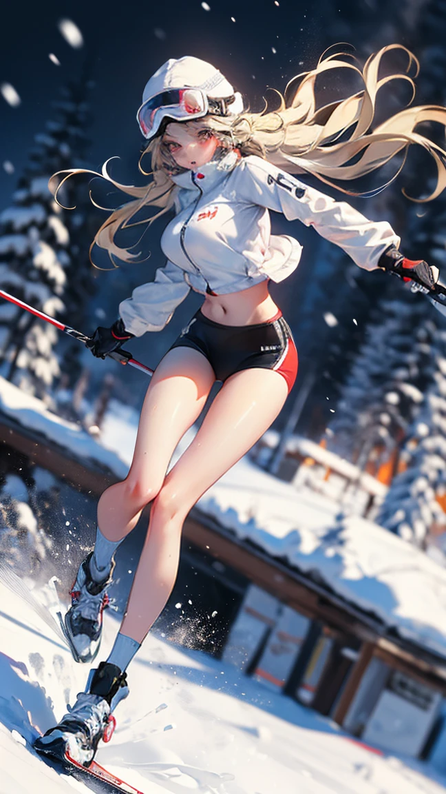 dynamic poses, full body image, super wide angle, A girl wearing fluorescent red clothes skiing in the snow, Meticulous attention to clothing and fashion, action, Gym_, exposed abdomen, (Slim:1.1), (long legs:1.3), (Slim legs:1.2), Background is snow, 3D rendering, Overclocked renderer, 8K， big breast