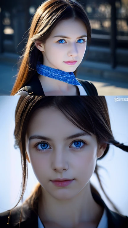 Generate an image of a beautiful sister。She has a straight nose.、With blue eyes、It has a mysterious atmosphere。but、Her appearance has a dark side to her、There is an atmosphere as if a dark secret is hidden behind it.。