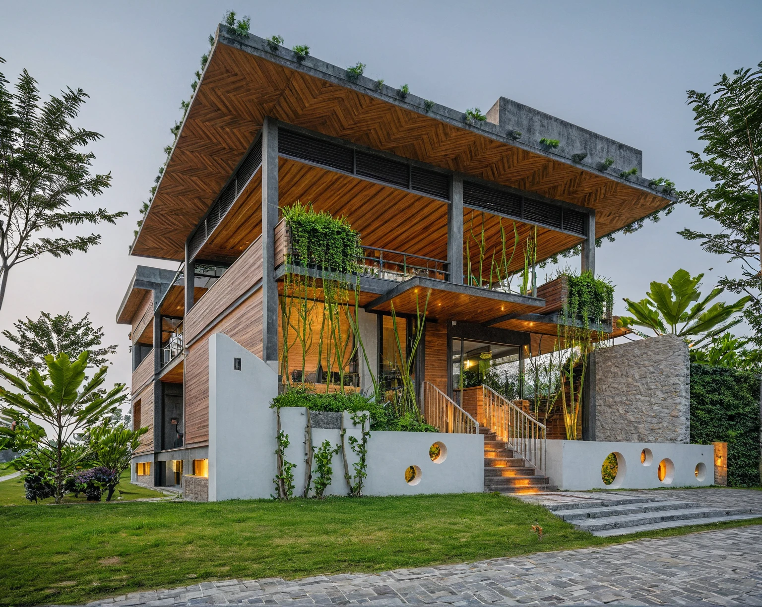 RAW photo, subject, 8k uhd, dslr, soft lighting, high quality, film grain, Fujifilm XT3, A Capture of stunning modern architecture, 1 floor- house, pine tree, grass, white wall, wooden, nature stone with long and sharp reed
