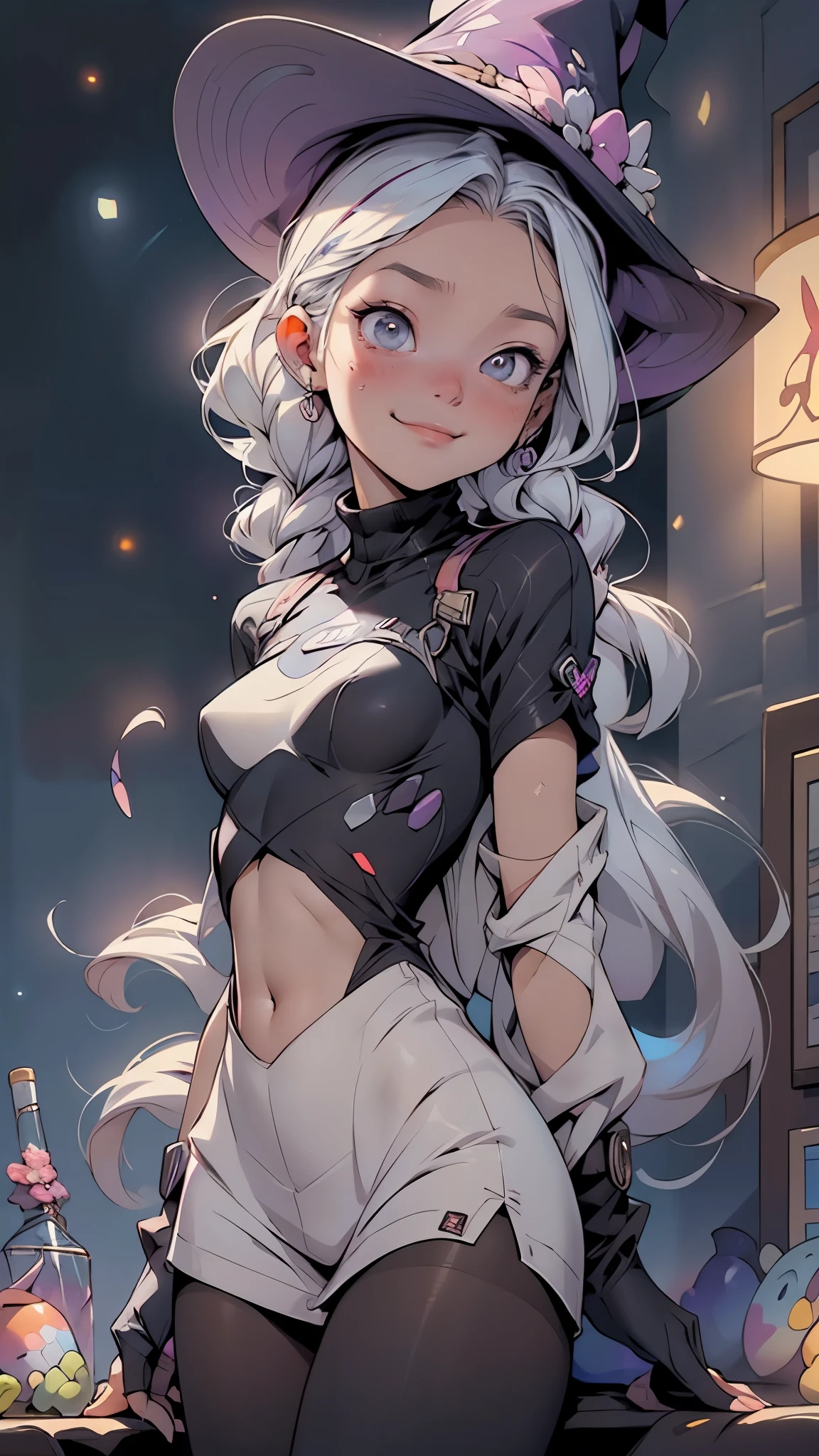 absurdres, ((highres)), ultra detailed, wallpaper illustration, 8k, (iridescent color design), (perfect hands), (((beautiful))), (perfect body), (perfect anatomy), vivid colors, beautiful witchlady, witch hat, long hair, white hair, iridescent inner colored hair, braid, one side half, iridescent eyes, tight sweaterdress, curvy, pantyhose, head tilt, nihilistic smile, magic circle,starrystarscloudcolorful,magic,(nsfw:0.55), ((flat chested, flat stomach, baby face)), (intense colors)