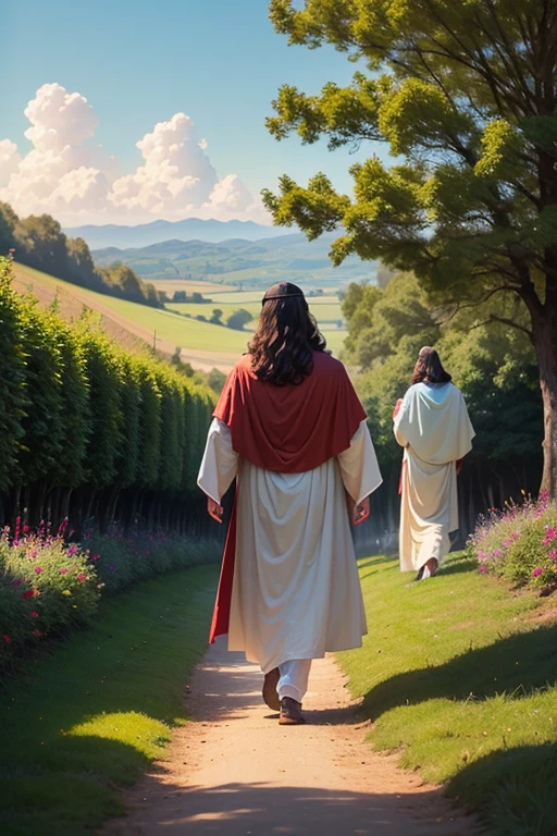 "Incorporate the image of Jesus Christ walking in a pastoral setting, with many people following Him in worship and reverence. Ensure the image conveys a sense of peace, hope and love."