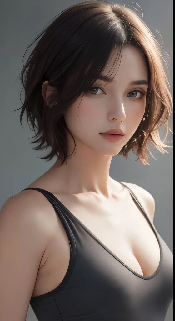 8k uhd、RAWphotograph、モデルphotograph撮影、 (masterpiece, highest quality, photorealistic, High resolution, photograph: 1.3), Close-up, Focusing, hot models, slim, 30 year old mature woman、small face、short cut hair、dark brown hair、Detailed beautiful eyes、realな肌, (perfect body), Sexy hot face, erotic, sexual gaze, slim, Sweat top, Detailed beautiful eyes、glossy lips、small breasts、、bust B cup、((bright light、dynamic lighting、real、超real、 realism、realistic details、Cool Beauty、cool pose、sexy costume、background gray、Plain gray background