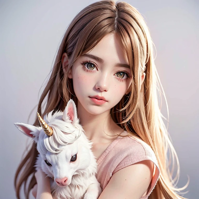 There is a brown haired , longos e ondulados, hugging, a unicorn, arte digital detalhada fofa, lindo estilo de arte, estilo fantasia, anime fantasy illustration, Soft anime illustration, a beautiful art illustration, white wallpaper illustration, white unicorn with pink hair, anime fofo, linda pintura digital, Como, Remover a marca d'water((Melhor qualidade)), ((obra de arte)), (detalhado), rosto perfeito
