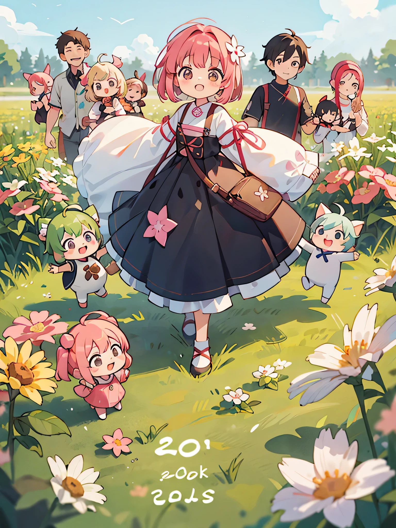 Momoko Sakura style, Kawaii Design, (((20 people)))、most beautiful girl ever、Chibi, Colorful bob hair、((Lots of friends))、((Working in the fields together))、(((big family)))