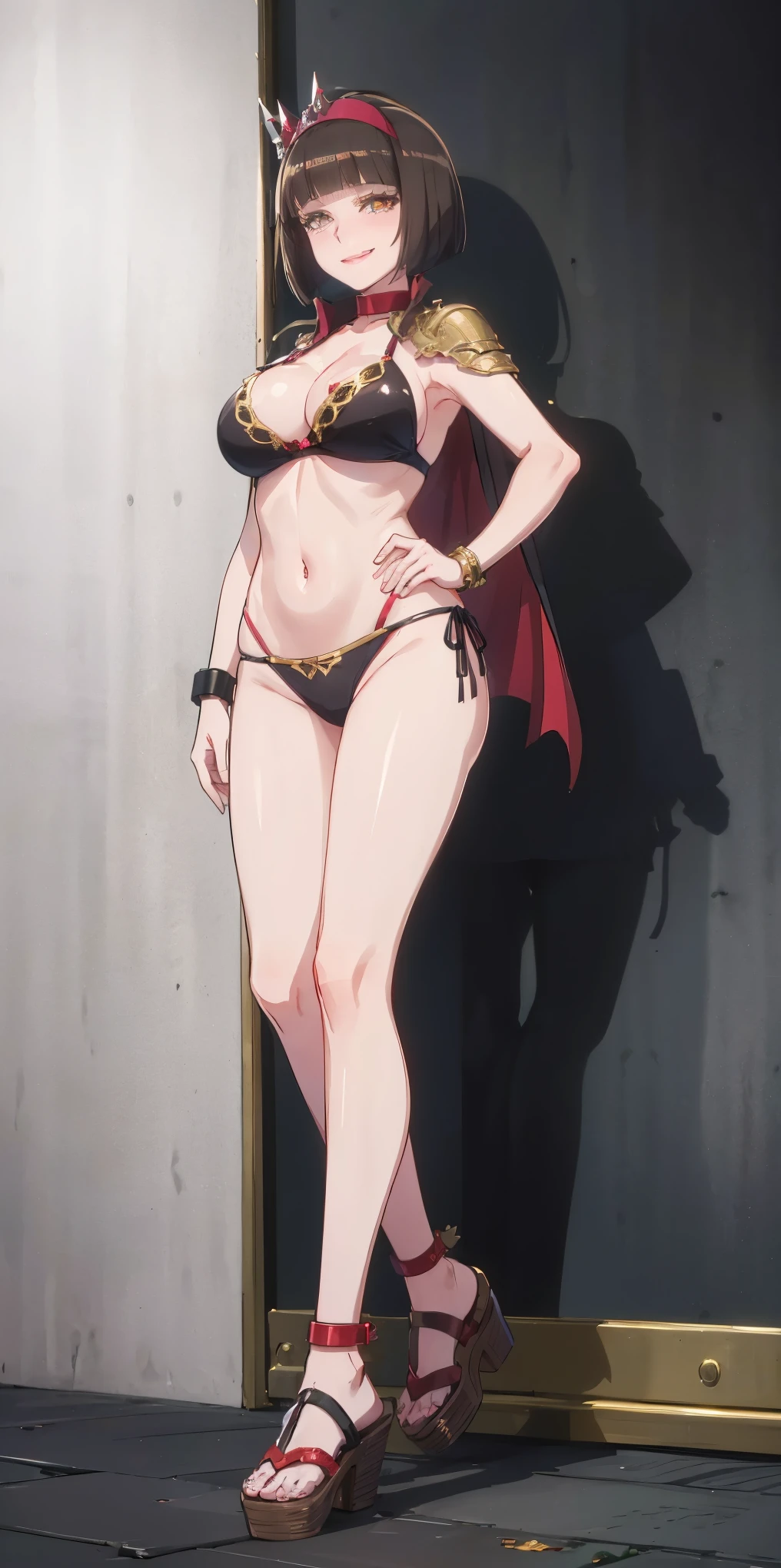 ((BLACK BACKGROUND,1:2, masterpiece)), full body MILF BIMBO standing with two long thighs and two high heels, red eyes, silver white hair, short bob style hair, big breasts, cleavage, separate sleeves, tiara royal, long cape up to two feet, yellow bikini, hands on waist, navel, lustful smirking smiling, smile face (red blushed, red cheeks), metal shoulders, gold sleeveless armbands, black leather choker slave collar, shackle bracelets, sex slave red crest, full body MILF BIMBO standing with two long thighs and two metal sandals, red eyes, silver white hair, short bob style hair, big breasts, cleavage, separate sleeves, tiara royal, long cape up to two feet, yellow bikini, hands on waist, navel, lustful smirking smiling, smile face (red blushed, red cheeks), metal shoulders, gold sleeveless armbands, black leather choker slave collar, shackle bracelets, sex slave red crest, pauldrons, breastplate, corset, eye focus, full body, whole body. 1solo . slave fighter, loincloth standing, hands on hips, metal sandals, backpack, choker, big belt, view from below, feet together, bracers, tiara)