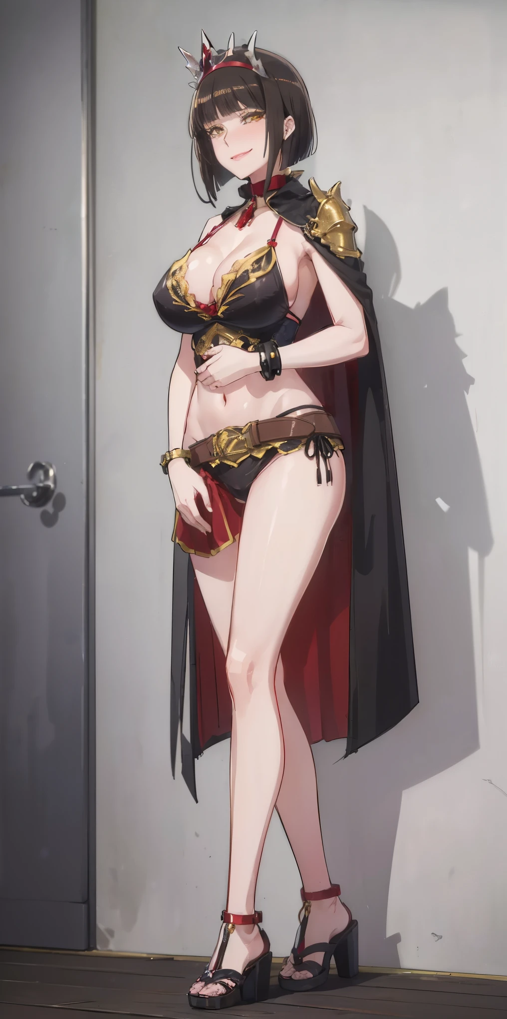 ((BLACK BACKGROUND,1:2, masterpiece)), full body MILF BIMBO standing with two long thighs and two high heels, red eyes, silver white hair, short bob style hair, big breasts, cleavage, separate sleeves, tiara royal, long cape up to two feet, yellow bikini, hands on waist, navel, lustful smirking smiling, smile face (red blushed, red cheeks), metal shoulders, gold sleeveless armbands, black leather choker slave collar, shackle bracelets, sex slave red crest, full body MILF BIMBO standing with two long thighs and two metal sandals, red eyes, silver white hair, short bob style hair, big breasts, cleavage, separate sleeves, tiara royal, long cape up to two feet, yellow bikini, hands on waist, navel, lustful smirking smiling, smile face (red blushed, red cheeks), metal shoulders, gold sleeveless armbands, black leather choker slave collar, shackle bracelets, sex slave red crest, pauldrons, breastplate, corset, eye focus, full body, whole body. 1solo . slave fighter, loincloth standing, hands on hips, metal sandals, backpack, choker, big belt, view from below, feet together, bracers, tiara)